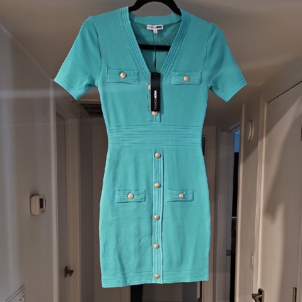 Fashion Nova Teal Buttoned Mini Dress XS